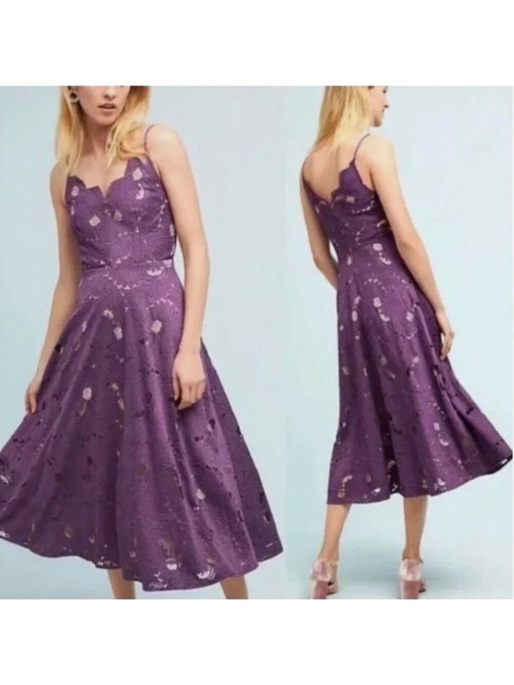 Anthropologie Moulinette Soeurs Scalloped Lace Eyelet Midi Dress Purple 0